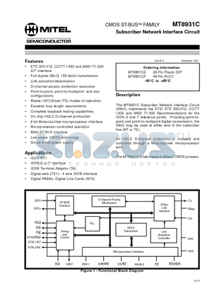 MT8931CE datasheet - CMOS ST-BUS FAMILY Subscriber Network Interface Circuit Preliminary Information