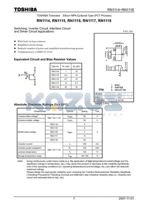 RN1116 datasheet - Switching, Inverter Circuit, Interface Circuit and Driver Circuit Applications