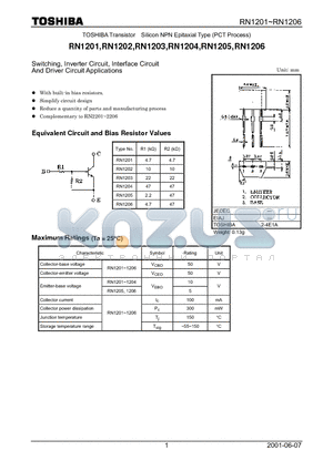 RN1202 datasheet - TOSHIBA Transistor Silicon NPN Epitaxial Type (PCT Process)