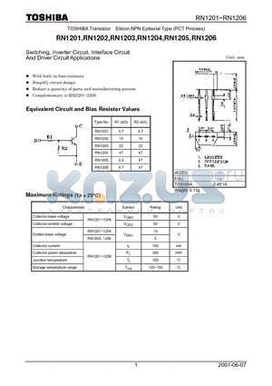 RN1203 datasheet - TOSHIBA Transistor Silicon NPN Epitaxial Type (PCT Process)