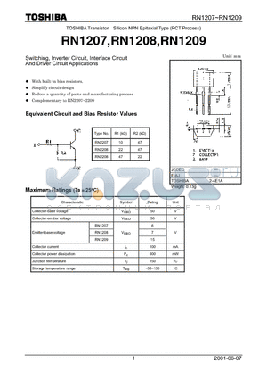 RN1208 datasheet - TOSHIBA Transistor Silicon NPN Epitaxial Type (PCT Process)