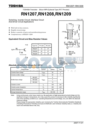 RN1208 datasheet - Switching, Inverter Circuit, Interface Circuit And Driver Circuit Applications