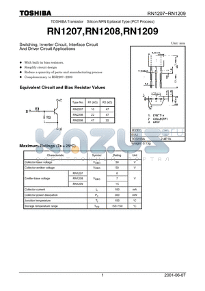 RN1207 datasheet - TOSHIBA Transistor Silicon NPN Epitaxial Type (PCT Process)
