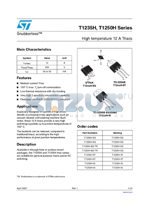 T1235H-6I datasheet - High temperature 12 A Triacs
