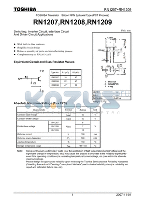RN1207 datasheet - Switching, Inverter Circuit, Interface Circuit And Driver Circuit Applications