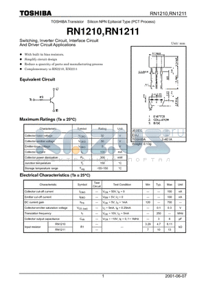 RN1210 datasheet - TOSHIBA Transistor Silicon NPN Epitaxial Type (PCT Process)