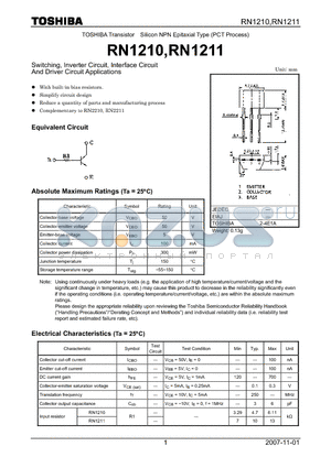 RN1210_07 datasheet - Switching, Inverter Circuit, Interface Circuit And Driver Circuit Applications