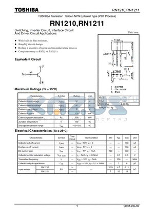 RN1211 datasheet - TOSHIBA Transistor Silicon NPN Epitaxial Type (PCT Process)