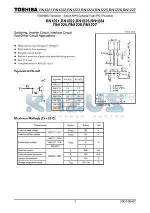 RN1221 datasheet - TOSHIBA Transistor Silicon NPN Epitaxial Type (PCT Process)