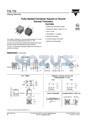 T12XB22K datasheet - Fully Sealed Container Square or Round Cermet Trimmers