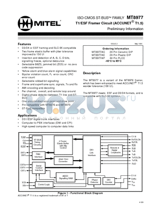 MT8977 datasheet - ISO-CMOS ST-BUS FAMILY T1/ESF Framer Circuit