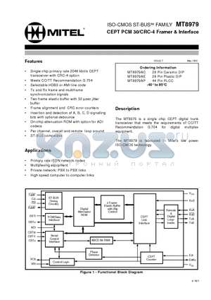 MT8979AE datasheet - ISO-CMOS ST-BUS FAMILY CEPT PCM 30/CRC-4 Framer & Interface