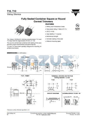 T12YB22K datasheet - Fully Sealed Container Square or Round Cermet Trimmers
