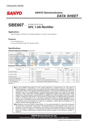 SBE807 datasheet - Schottky Barrier Diode 30V, 1.0A Rectifier