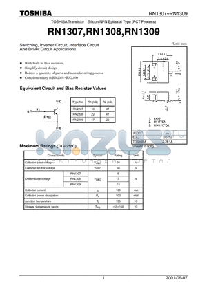 RN1308 datasheet - TOSHIBA Transistor Silicon NPN Epitaxial Type (PCT Process)