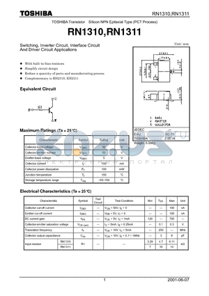 RN1310 datasheet - TOSHIBA Transistor Silicon NPN Epitaxial Type (PCT Process)