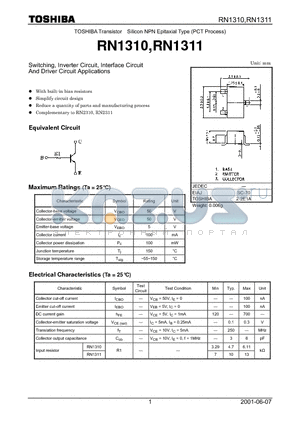 RN1311 datasheet - TOSHIBA Transistor Silicon NPN Epitaxial Type (PCT Process)