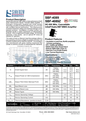 SBF-4089Z datasheet - DC-500 MHz, Cascadable InGaP/GaAs HBT MMIC Amplifier