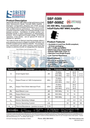 SBF-5089 datasheet - DC-500 MHz, Cascadable InGaP/GaAs HBT MMIC Amplifier