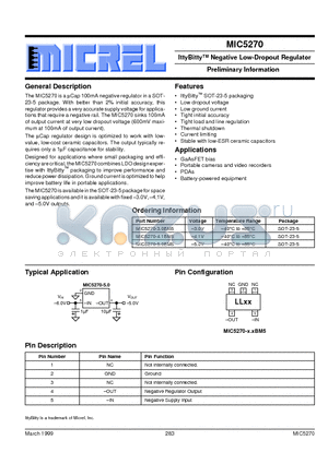 MIC5270-3.0BM5 datasheet - IttyBitty Negative Low-Dropout Regulator Preliminary Information