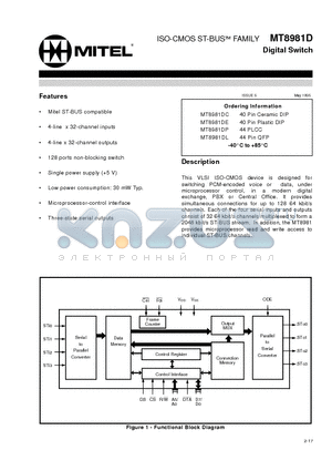 MT8981DP datasheet - ISO-CMOS ST-BUS FAMILY Digital Switch