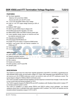 TJ3212D datasheet - DDR VDDQ and VTT Termination Voltage Regulator