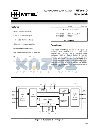 MT8981DE datasheet - ISO-CMOS ST-BUS FAMILY Digital Switch