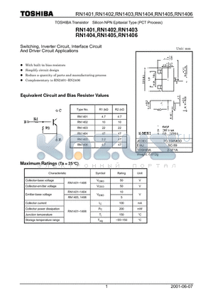 RN1403 datasheet - Switching, Inverter Circuit, Interface Circuit And Driver Circuit Applications