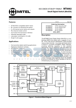 MT8982 datasheet - ISO-CMOS ST-BUS FAMILY Small Digital Switch (MiniDX)