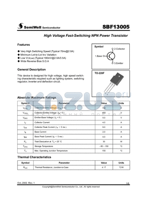 SBF13005 datasheet - High Voltage Fast-Switching NPN Power Transistor