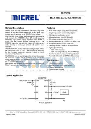 MIC5280 datasheet - 25mA, 120V, Low IQ, High PSRR LDO