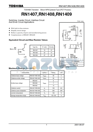 RN1407 datasheet - Switching, Inverter Circuit, Interface Circuit And Driver Circuit Applications