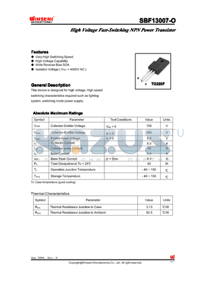 SBF13007-O datasheet - High Voltage Fast-Switching NPN Power Transistor