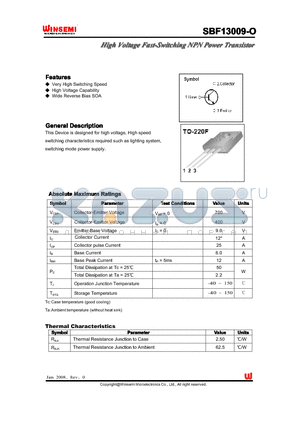 SBF13009-O datasheet - High Voltage Fast-Switching NPN Power Transistor