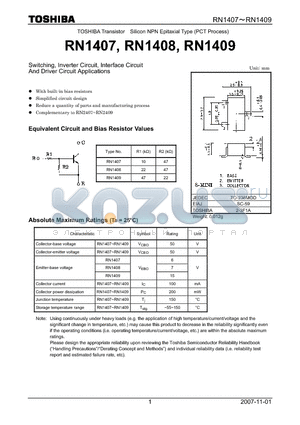 RN1407 datasheet - Switching, Inverter Circuit, Interface Circuit And Driver Circuit Applications