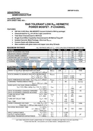 SBF50P10-023L datasheet - RAD TOLERANT LOW RDS HERMETIC POWER MOSFET - P-CHANNEL