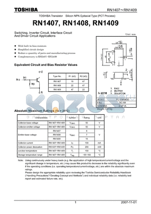 RN1408 datasheet - Switching, Inverter Circuit, Interface Circuit And Driver Circuit Applications