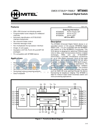 MT8985 datasheet - CMOS ST-BUS FAMILY Enhanced Digital Switch