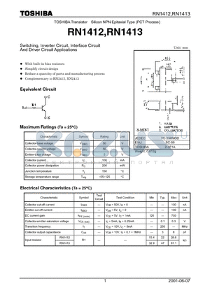 RN1412 datasheet - Switching, Inverter Circuit, Interface Circuit And Driver Circuit Applications