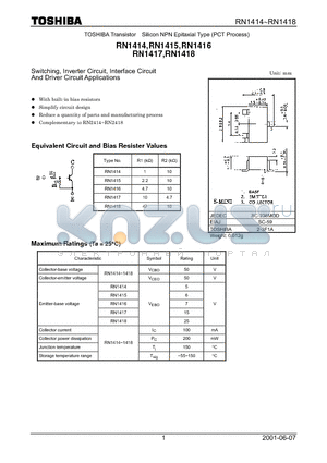 RN1414 datasheet - TOSHIBA Transistor Silicon NPN Epitaxial Type (PCT Process)