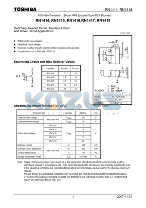 RN1415 datasheet - Silicon NPN Epitaxial Type (PCT Process) Switching, Inverter Circuit, Interface Circuit And Driver Circuit Applications