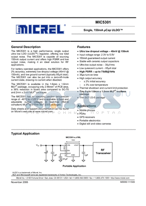 MIC5301 datasheet - Single, 150mA lCap ULDO