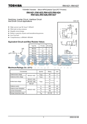 RN1421 datasheet - TOSHIBA Transistor Silicon NPN Epitaxial Type (PCT Process)