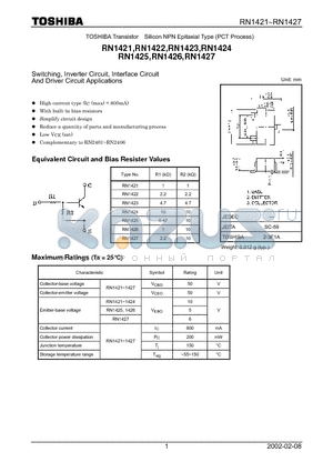 RN1423 datasheet - TOSHIBA Transistor Silicon NPN Epitaxial Type (PCT Process)