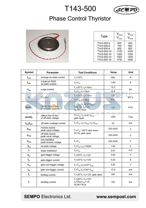 T143-500-12 datasheet - Phase Control Thyristor