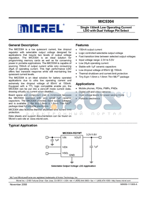 MIC5304 datasheet - Single 150mA Low Operating Current LDO with Dual Voltage Pin Select
