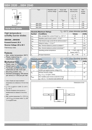SBH2540 datasheet - High temperature schottky barrier diodes