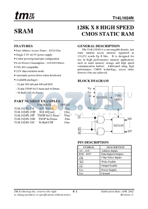 T14L1024N-10H datasheet - 128K X 8 HIGH SPEED CMOS STATIC RAM