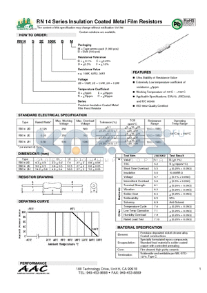 RN14C2H100KFB datasheet - RN 14 Series Insulation Coated Metal Film Resistors