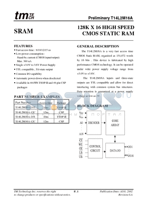 T14L2M16A-12C datasheet - 128K X 16 HIGH SPEED CMOS STATIC RA